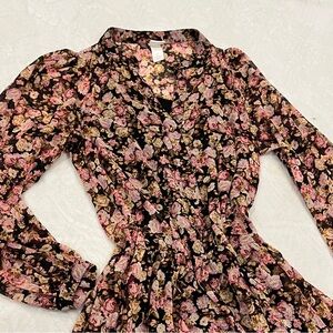 H&M Black and Pink Floral Long Sleeve Dress